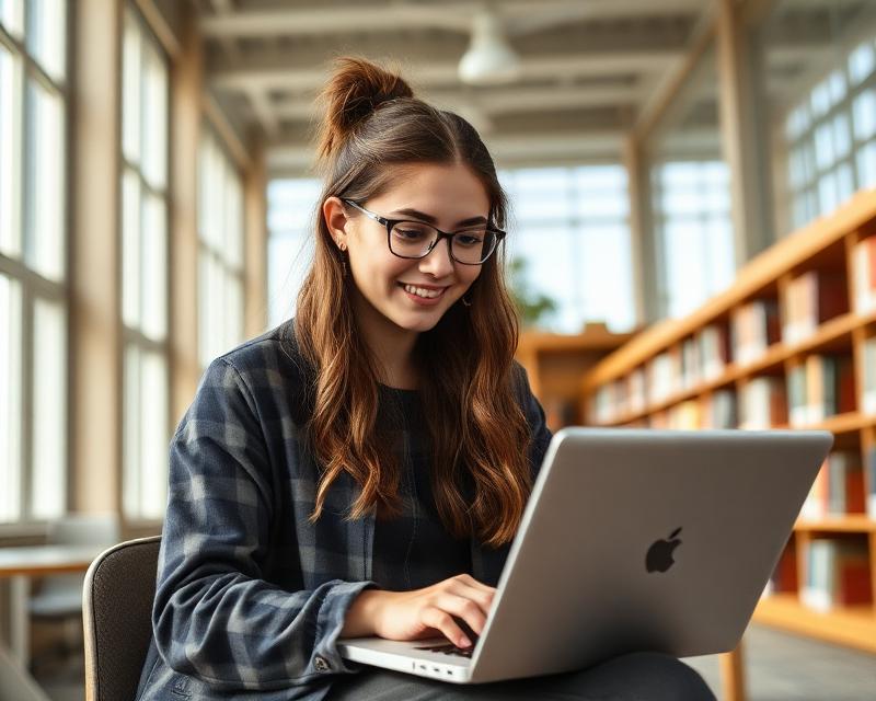 Studentin mit Laptop in moderner Bibliothek